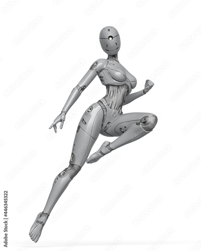 gynoid is the super fembot is doing a comic action pose in white background gynoid is the super fembot is doing a comic action pose in white background