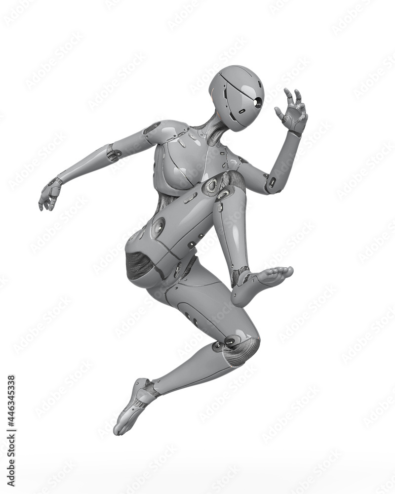 gynoid is the super fembot is jumping in white background gynoid is the super fembot is jumping in white background