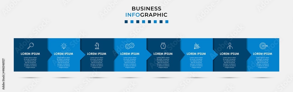 Vector Infographic design illustration business template with icons and 8 options or steps. Can be used for process diagram, presentations, workflow layout, banner, flow chart, info graph