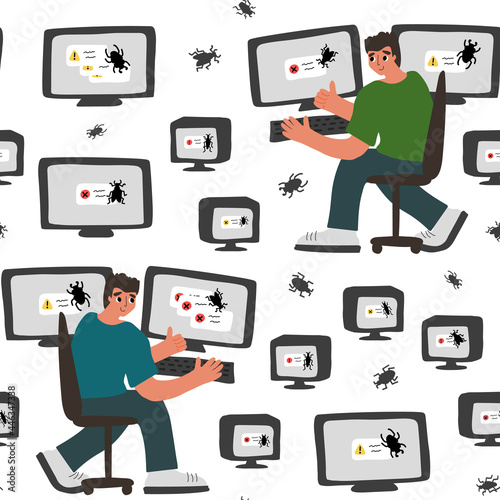 Seamless pattern of two people near monitors with bug on the screen. Vector illustration contains Quality Assurance engineers or developers from IT project. Work from home or open space room