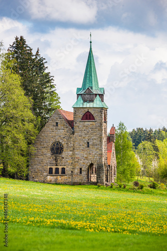 Romantic neo gotic Church Of The Divine Heart Of The Lord in small village Borovnicka in Podkrkonosi region in Spring