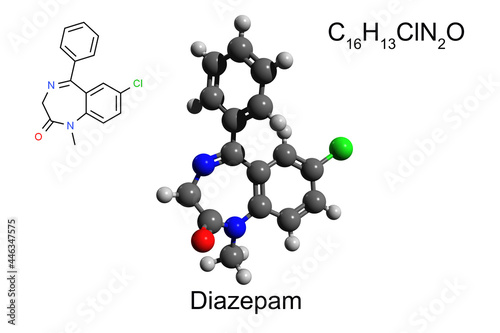 Chemical formula, skeletal formula, and 3D ball-and-stick model of barbiturate medication diazepam, white background
