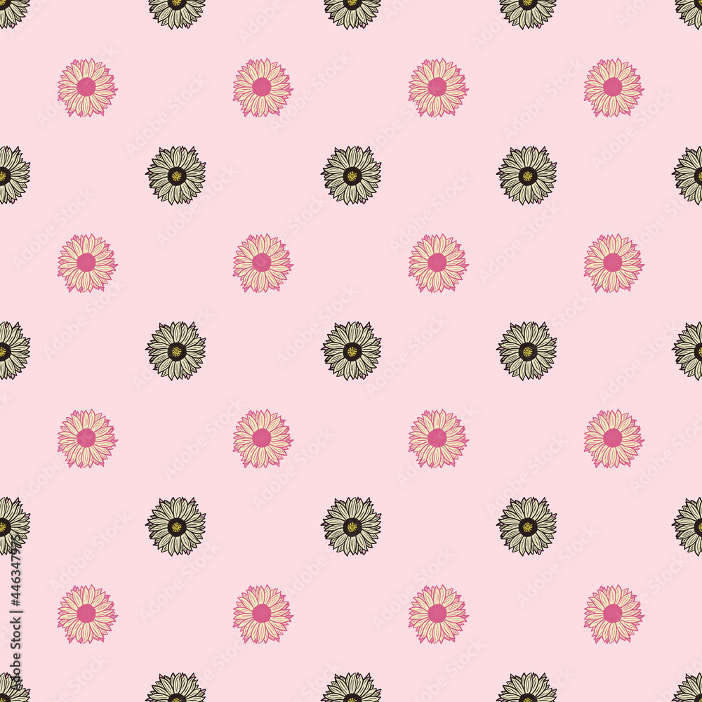 Seamless pattern sunflowers pink background. Minimalistic texture with different sunflower and leaves.