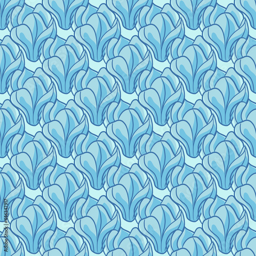 Abstract floral seamless pattern with contoured blue colors magnolia flowers silhouettes. Decorative print.