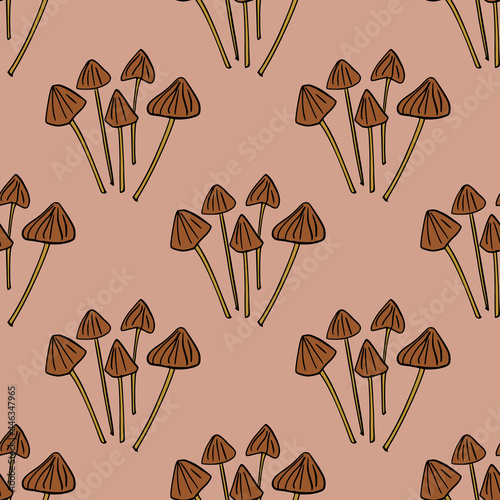 Contoured psilocybe semilanceata mushroom seamless doodle pattern. Pastel pink background. Simple style.