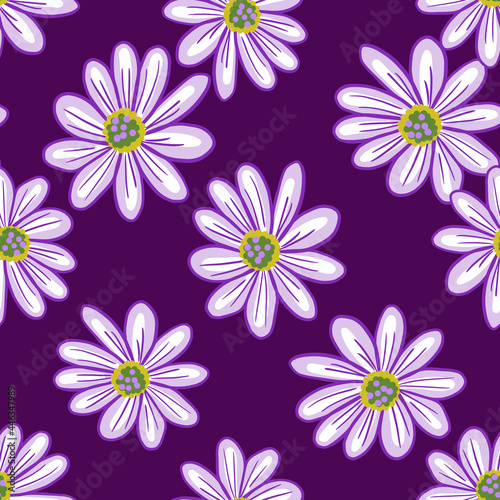 Simple floral seamless pattern with contoured daisy flowers shapes. Purple background. Natural backdrop.