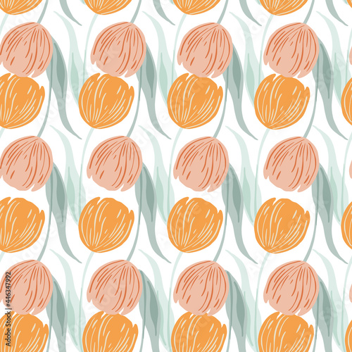 Decorative floral seamless pattern with orange hand drawn tulip flowers shapes. White background. Isolated print.