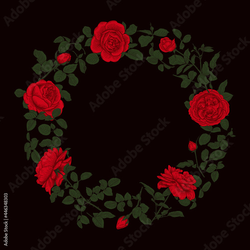 Floral wreath with red roses.  Flowering round frame isolated on dark background.