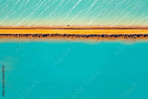 Obraz na plátně Aerial photography, Useless Loop, Shark Bay, Western Australia, June 2021, abstract images of salt ponds from above in varying colors of blue, green, and brown hues