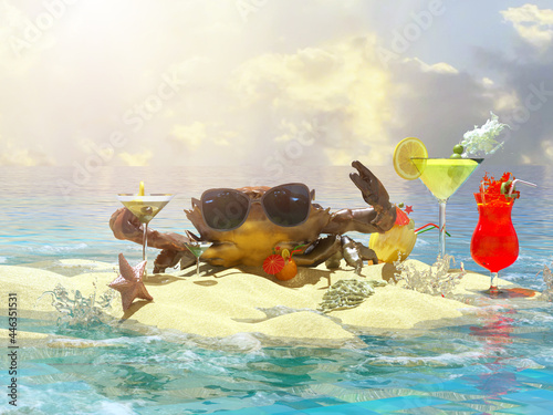 funny crab in sunglasses on the beach with beach cocktails as a symbol of recreation and tourism render 3d © de Art