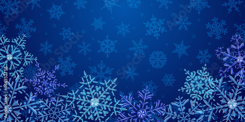 Illustration of big complex translucent Christmas snowflakes in blue colors, located below, on background with falling snow. Transparency only in vector format