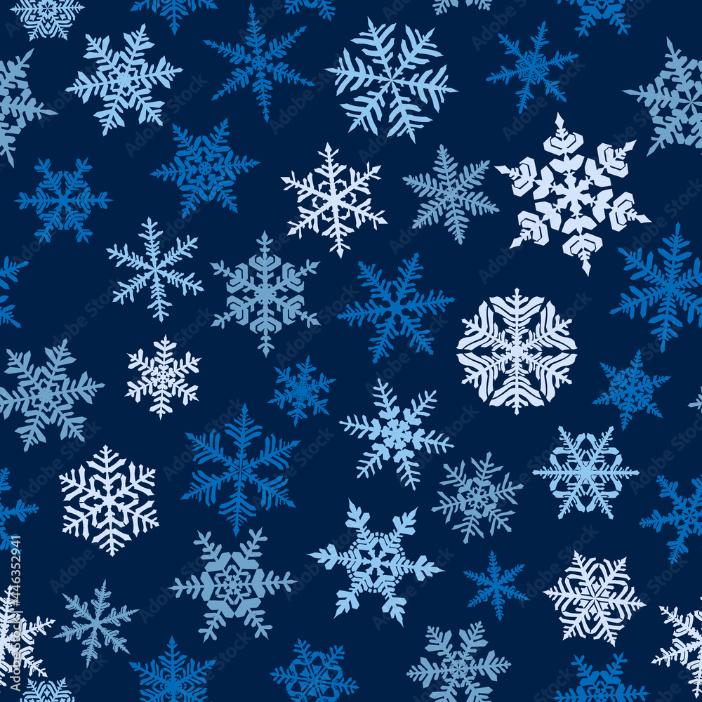 Christmas seamless pattern with complex big and small snowflakes, colored on blue background