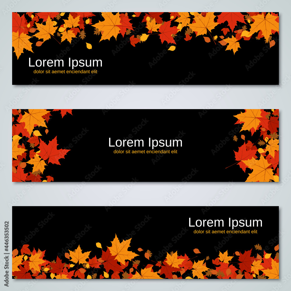 Autumn style horizontal vector banners collection. Black background with colorful leaves