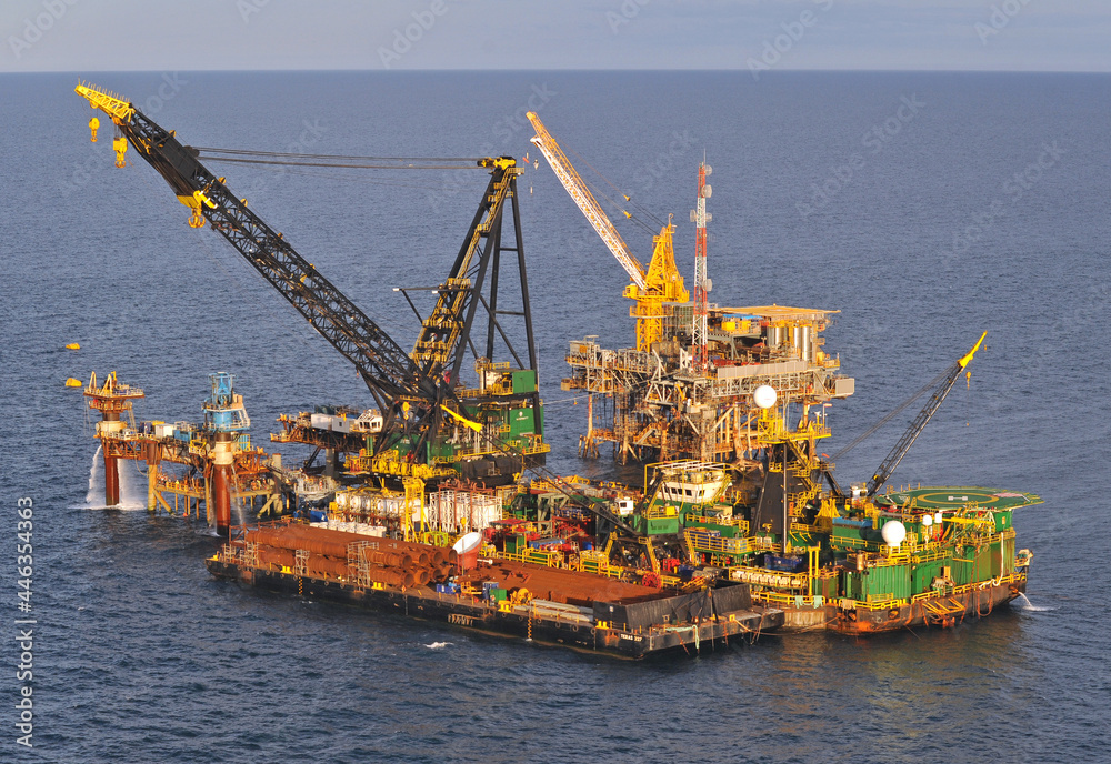 Marlin B -A construction offshore with Derrick Barge 30 towering over site-aerial 