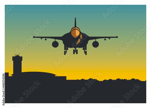 Single tail fighter jet plane flying over the airport