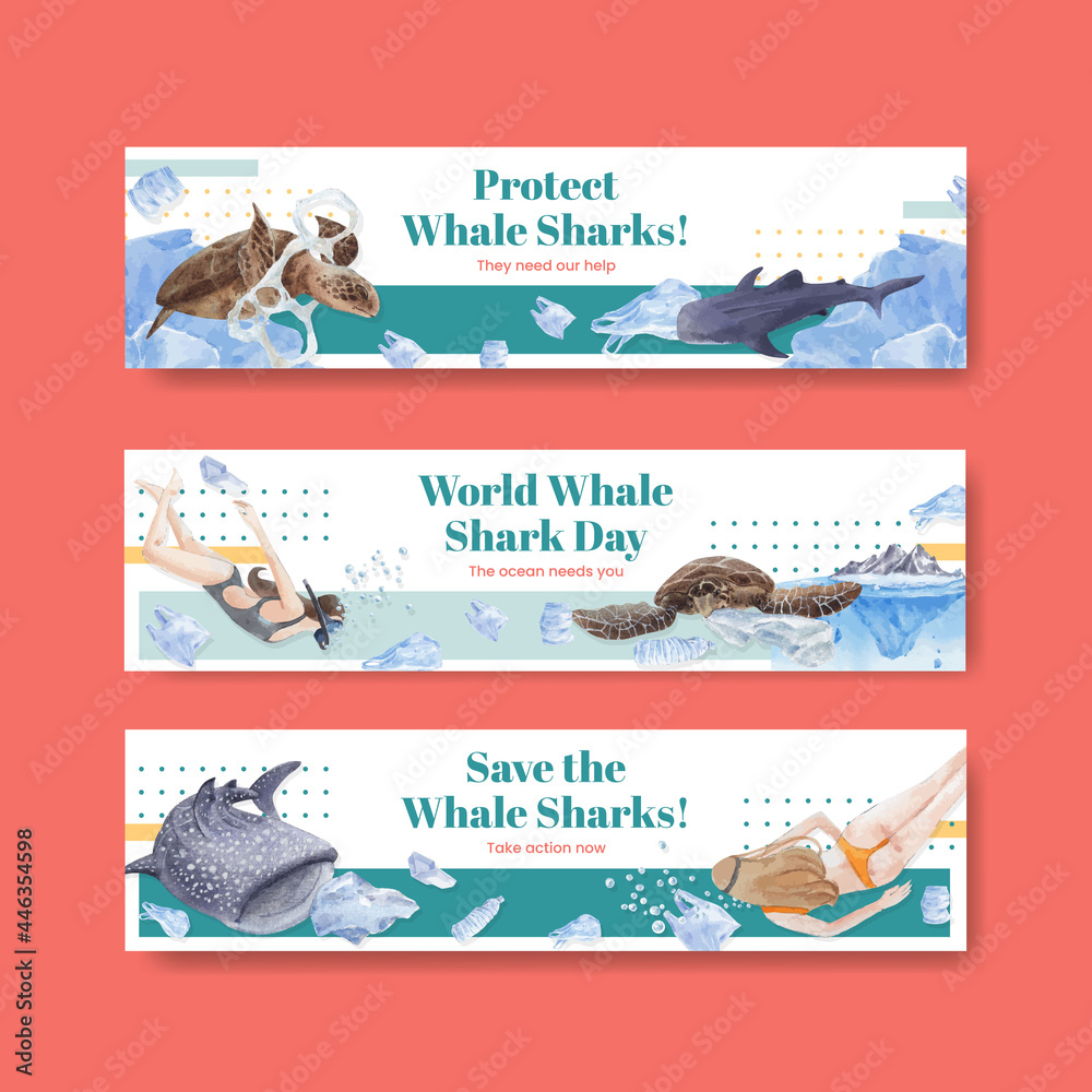 Obraz premium Banner template with international whale shark day concept,watercolor style