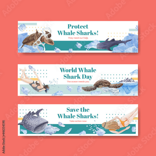Banner template with international whale shark day concept,watercolor style