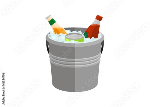 Bucket contains ice and soft drinks. Simple flat illustration