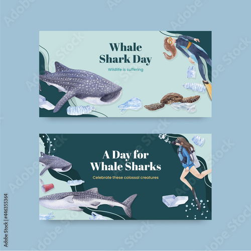 Twitter template with international whale shark day concept,watercolor style