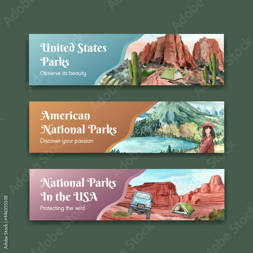 Banner template with national parks of the United States concept,watercolor style
