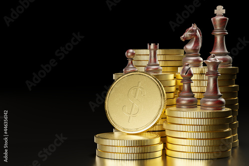 Wooden chess set on top of stacked piles of gold coins in a dark black background. The concept of strategic planning in the fight for victory against business competitors. 3D illustration rendering.