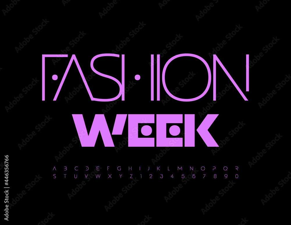 Vector elegant poster Fashion Week. Trendy Purple Font. Abstract modern Alphabet Letters and Numbers set