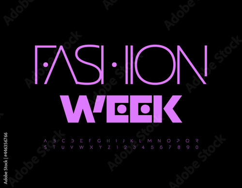 Vector elegant poster Fashion Week. Trendy Purple Font. Abstract modern Alphabet Letters and Numbers set