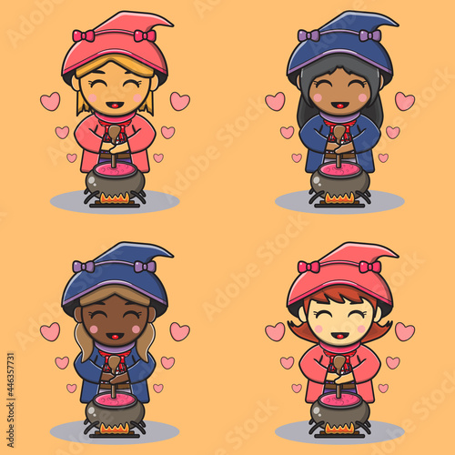 Vector illustration of mystical girls make magic potion with couldron. Cute magic girls. Halloween magic collection. Vector illustration for kids.