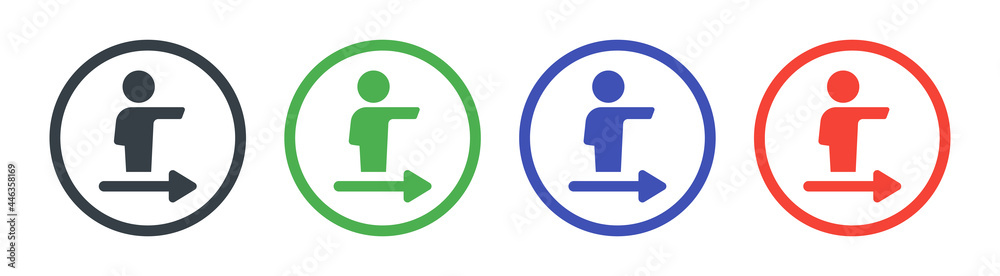 Person pointing at right direction icon with arrow vector sign. Person pointing at right direction icon with arrow vector sign.