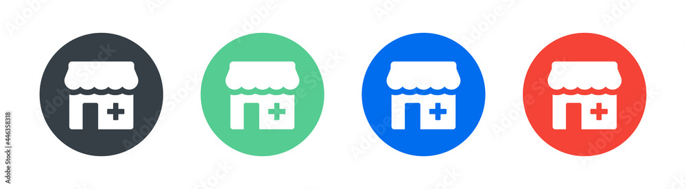 Obraz premium Drugstore, pharmacy, clinic, medical shop icon set. Healthcare concept