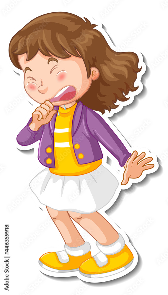 Sticker design with a girl sneezing cartoon character Sticker design with a girl sneezing cartoon character