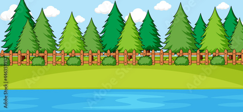 Empty scene with many trees in the park and river