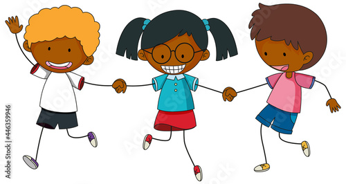 Happy kids holding hands doodle cartoon character