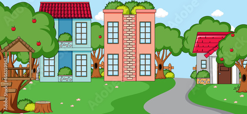 Outdoor scene with front of many houses and long road