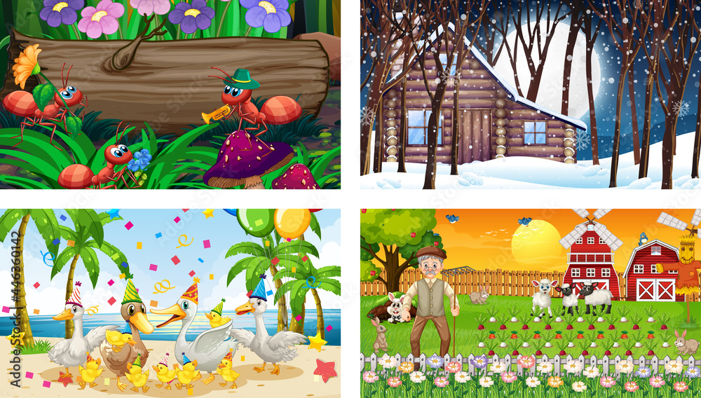 Four different scenes with various animals cartoon character