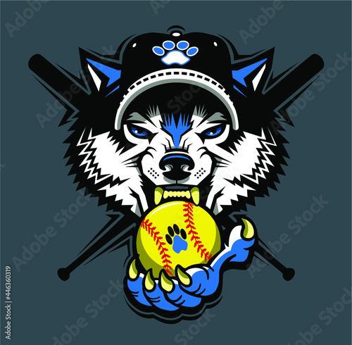 lady wolves softball team mascot head and crossed bats for school, college or league