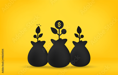Business investment concept, Money bag with plants on yellow background