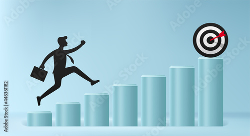 Silhouette of businessman jumps over obstacle to traget, business overcome and success concept photo