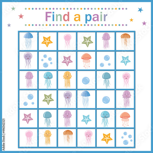 attention puzzle game for children with jellyfish, color vector illustration