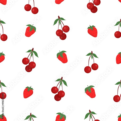 Cute cartoon strawberries and cherries. Seamless pattern for design of fabric, clothing, wallpaper, paper. Seamless isolated background.