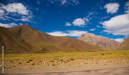 View of mountains and valley near Las Lenas in summer day. Andes, Argentina