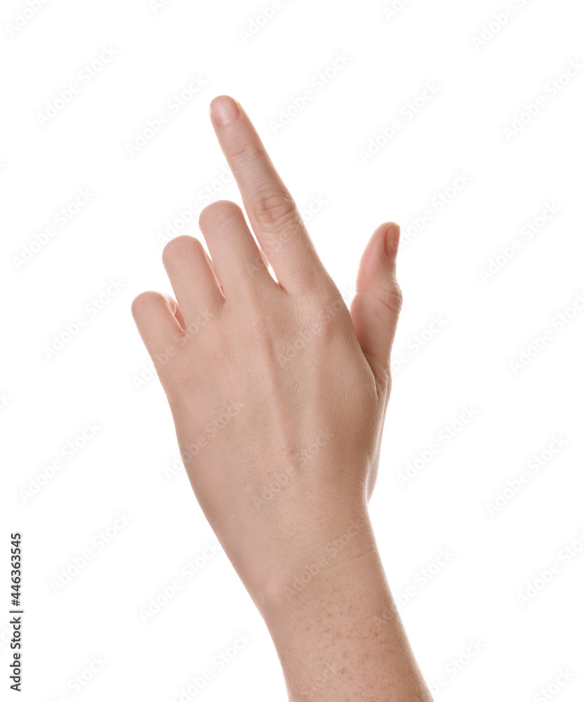 Woman pointing at something on white background, closeup Woman pointing at something on white background, closeup