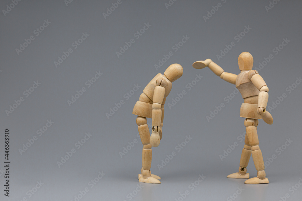 Boss of wooden figure businessman blame with team Boss of wooden figure businessman blame with team