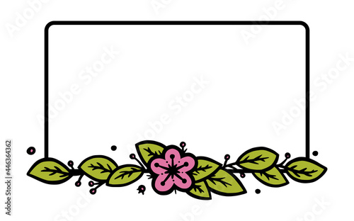 Rustic wreath divider with handdrawn flowers. Rectangle doodle wreath. Doodle vector illustration isolated in white background