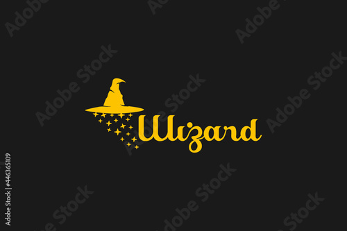 Wizard hat icon logo vector design illustration with stars and blink, witch classic Halloween hat