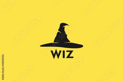 Wizard hat icon logo vector design illustration with stars and blink, witch classic Halloween hat
