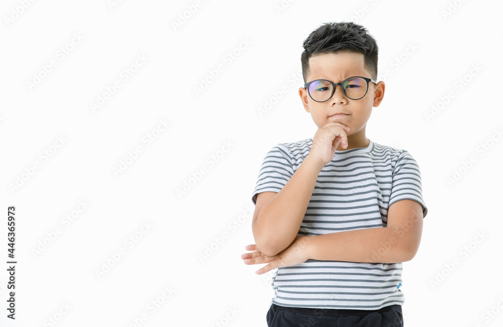 Cutout portrait of pity young Asian boy wearing glasses and casual horizontal striped shirt thinking and considering seriously on difficulty and hard to decide right solution or selection Cutout portrait of pity young Asian boy wearing glasses and casual horizontal striped shirt thinking and considering seriously on difficulty and hard to decide right solution or selection