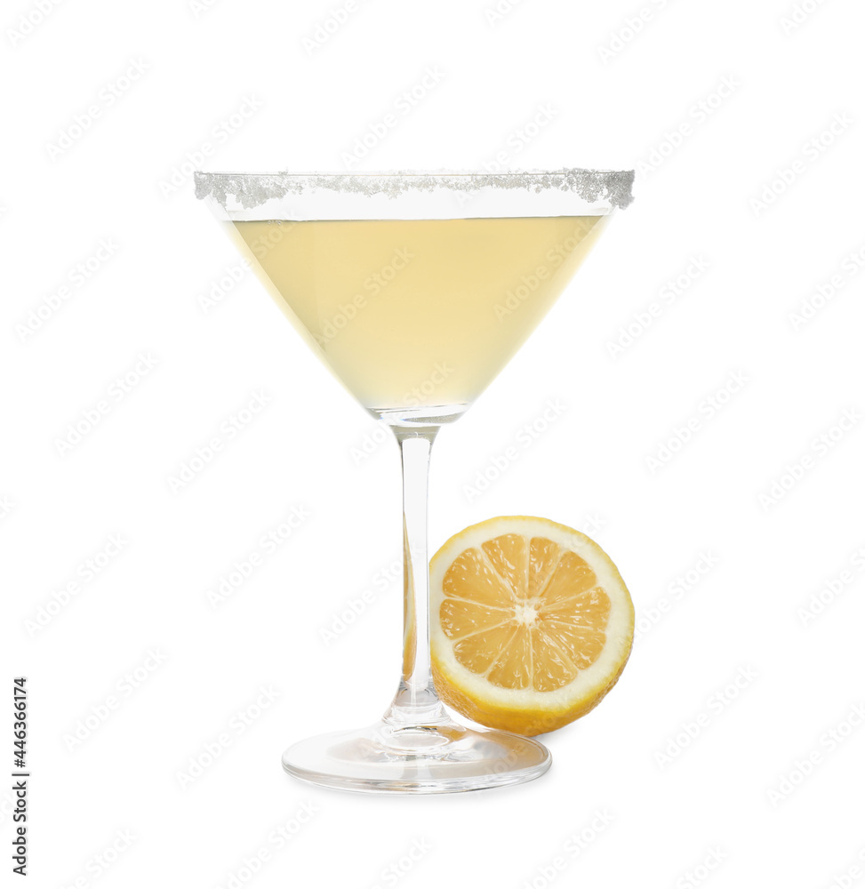 Lemon drop martini cocktail and fresh fruit on white background Lemon drop martini cocktail and fresh fruit on white background