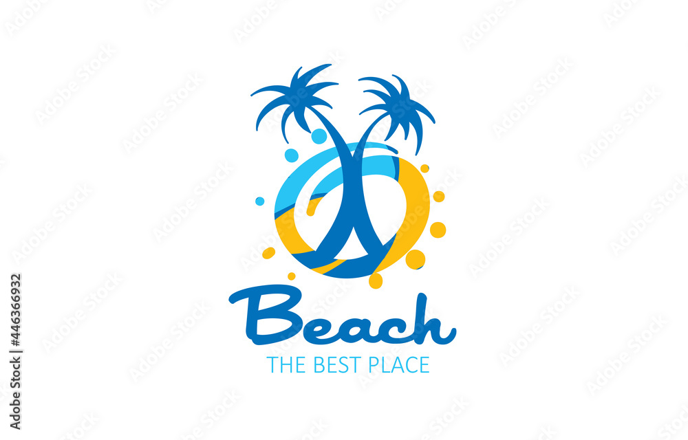 Vector icon for the beach with the image of a palm tree and the sea