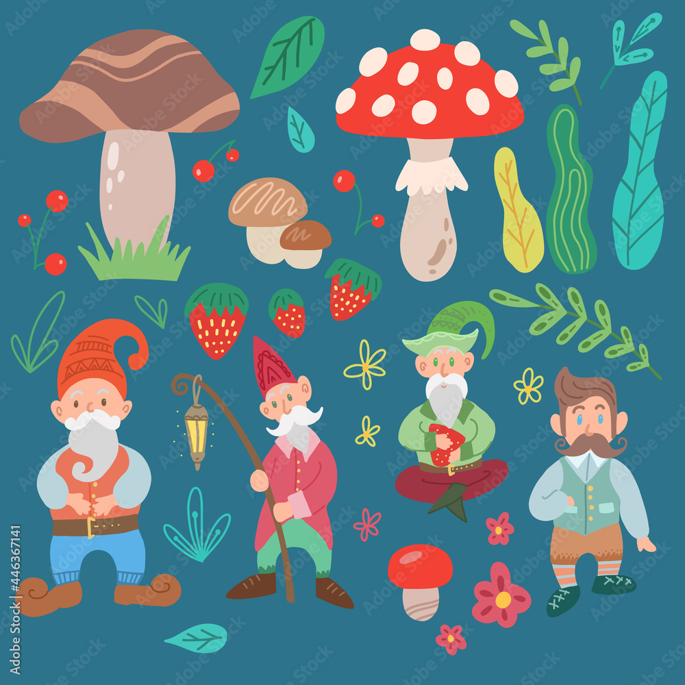 Set of various gnomes, mushrooms, leaves and flower isolated from the background. Hand drawn cartoon fairy character and nature elements. Leprechauns and forest dwellers. Flat illustration of dwarfs